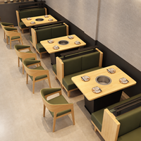 Ensemble de table et chaises rectangulaires en bois pour restaurant, style BBQ coréen moderne, mobilier de salle à manger sans fumée pour hot pot avec banquette verte