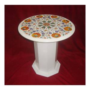 การออกแบบดอกไม้ที่มีสีสันฝังอยู่บนที่ดีที่สุดที่มีคุณภาพทำด้วยมือ Pietra Dura หินอ่อนสีขาวฝังบนโต๊ะด้วยฐานใช้สำหรับตารางศูนย์ - Product Image 1