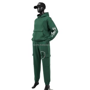 Chándal de lana Premium para mujer 340 GSM Green Cropped Hoodie y Cargo Joggers Custom Logo Print Bordado Chándales Tallas grandes - Product Image 4