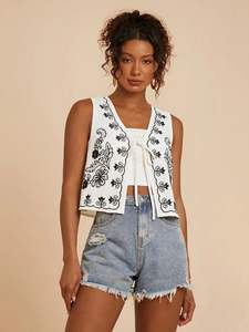 Femmes Vintage coton gilet veste dames ouvert gilet broderie florale décontracté haut court tenues pour automne hiver vacances - Product Image 4
