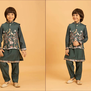 เสื้อเชิ้ตผ้าไหมซาตินสไตล์อินเดียแบบ 3 ชิ้น สำหรับผู้ชาย ลายปะติดปะต่อ เหมาะสำหรับฤดูหนาว สวมใส่สบายๆ งานปาร์ตี้ งานแต่งงาน และงานเทศกาล - Product Image 1