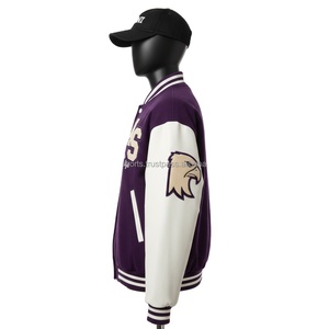 Chaqueta Universitaria para Mujer, 350 GSM, Tela de Lana Morada, Mangas Blancas, Letras Bordadas en Chenilla, Logotipo Personalizado - Product Image 3