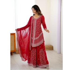 Premium Faux Georgette Palazzo Suit with Embroidery with Sequin & <b>Thread</b> Work Designer Palazzo Suits with Dupatta - Product Image 1