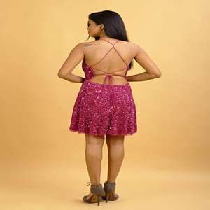 Vestido Corto de Lujo para Mujer, Completamente Bordado con Cuentas Rosas |   Ropa de Alta Demanda para Bodas y Fiestas para Exportación al por Mayor - Product Image 4