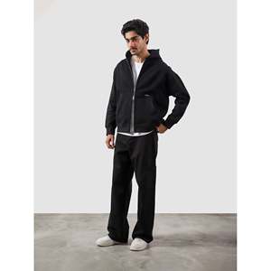 Solid Black French Terry Zipper Essential <b>Jacket</b> XXS to 6XL Acid Wash & Embroidered Patchwork <b>Lined</b> - Product Image 3