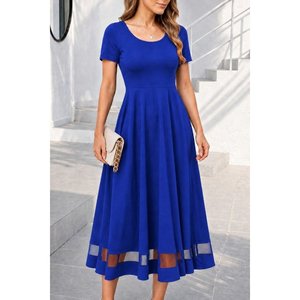 Vestido midi de crepé brillante con cuello redondo y manga corta para mujer, con detalles de tul, 34683 - Azul - Product Image 1