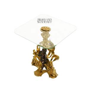 Mesa Auxiliar de Lujo con Tapa de Cristal Cuadrada y Base con Estatua de Querubín en Oro y Bronce para Sala de Estar y Dormitorio de Estilo Clásico - Product Image 5