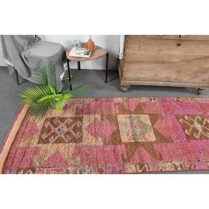 Vintage Turkish Kilim Rug 2.9 X 11ft Pink <b>Brown</b> Patchwork Design Flat Weave <b>Wool</b> with Latex Backing for Hallway Rectangle Space - Product Image 2