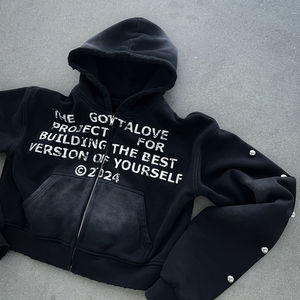 Strass pull à capuche personnalisé lavage à l'acide hommes sérigraphie Logo lourd polaire Vintage en détresse hiver 100% coton - Product Image 2