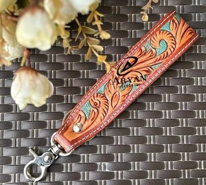 <b>Tooled</b> Leather Key <b>Clip</b> Western Leather Keychain Wristlet Personalized Key Fob Cowgirl Car Key Wristlet Key Strap Wrist Keychain - Product Image 1