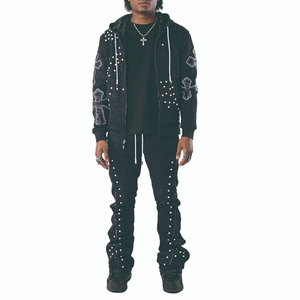 Ensemble de survêtement pour homme de haute qualité à manches longues avec fermeture éclair, orné de perles, de strass et de broderies vintage - Product Image 3