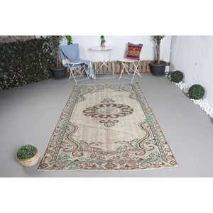 Vintage 4.6x7.9 ft Rug, Area Turkish Rug, <b>Brown</b> Green Floral <b>Wool</b> Rug - Product Image 1