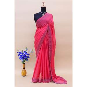 Mejor venta étnica Chinon Sarowski trabajo Saree señoras hermoso estilo indio tendencia tarifas al por mayor precio bajo boda - Product Image 2