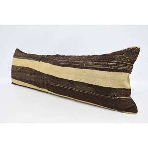 Beige Striped Wool <b>Pillow</b> 16x48 Inch Kantha Style Patchwork Woven with Vintage Pattern - Product Image 4