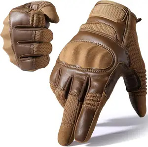 Customize Brown Mesh And Leather Touch Screen Full Finger Gloves for Motorcycle Cycling Motorbike Hunting Work Outdoor Gear