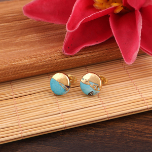 Pendiente minimalista delicado forma redonda Mohave cielo azul cobre turquesa poste de oreja tachuelas Latón chapado en oro ropa casual pendiente - Product Image 4