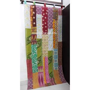 Vintage Indian Kantha Embroidered Patchwork Sari 100% Cotton Boho <b>Window</b> Door Drapes Recycled <b>Curtains</b> & Valances - Product Image 6