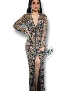 Robe de Soirée de Luxe Premium Broderie Perles Cristaux Diamants Col en V Longueur Ras du Sol Coupe A-Line Taille Empire Écologique - Product Image 3