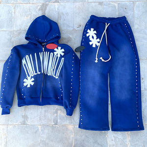 Ensemble pantalon de survêtement évasé avec strass et sweat à capuche Fabricant sur mesure OEM Pantalon baggy à double taille empilée Survêtement à fermeture éclair - Product Image 1