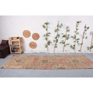 Alfombra Turca Vintage, Alfombra de Pasillo de 3.6x11 pies, Alfombra de Retazos Beige y Roja - Product Image 2