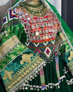 Afghan kuchi TRIBAL ชุดเจ้าสาววินเทจซักได้สำหรับผู้หญิงมีกระดุมตกแต่งยาวถึงเข่ารายละเอียด - Product Image 4