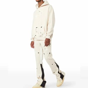 Conjuntos de pantalones de chándal acampanados y Sudadera con capucha personalizados, chándales con patrón de salpicaduras para hombres, chándales de calle de algodón 100% de Color blanco - Product Image 3