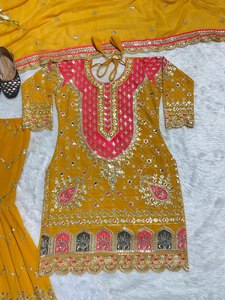 Colección de trajes Sharara de Color amarillo de último diseñador, tela Georgette de imitación pesada con trabajo de secuencia de bordado de 5 MM para mujer - Product Image 4