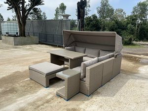 Modern Outdoor <b>Rattan</b> <b>Sofa</b> Set With Canopy Waterproof Cushion Garden Furniture Contemporary Design Gray Color - Product Image 2