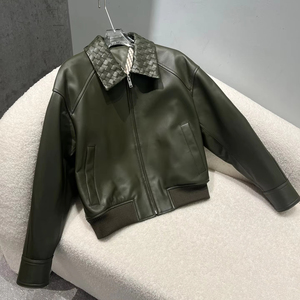 Blouson bomber en peau de mouton pour femme, vert olive, col montant, fermeture éclair, coupe-vent, manches longues, séchage rapide - Product Image 5