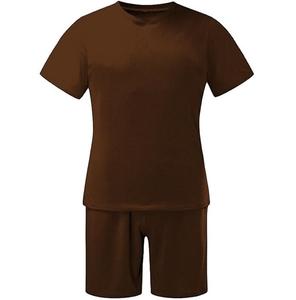 Ensemble de survêtement pour homme en coton et élasthanne respirant, t-shirt et short de sport ajustés pour l'été, couleur marron uni, vente en gros - Product Image 1