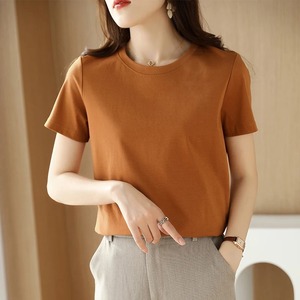 Été 100% Coton mercerisé T-shirts en soie pour femmes Col O Manches courtes Loose <span class=keywords><strong>Straight</strong></span> Tops Simple Casual <span class=keywords><strong>Tees</strong></span> - Product Image 1