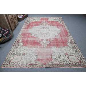 Turkish Vintage Rug, 6.2x10.1 ft Large Rug, <b>Red</b> White Solid <b>Wool</b> Rug - Product Image 1