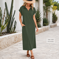 Damen Einfarbig Grün Polo Kragen Maxi Kleid Kurzarm Locker Taschen Sommer Freizeit Resort OEM ODM Großhandel Custom Fabrik B2B