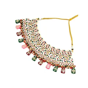 Ensemble de bijoux en acier inoxydable plaqué or 18 carats, serti de pierres Kundan multicolores et perlé, pour mariages et bijoux de mariée - Product Image 4