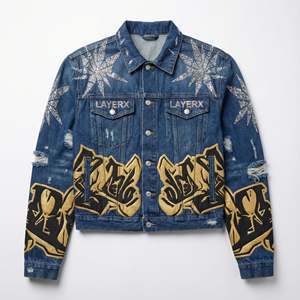 Veste en jean épaisse pour femme Y2K personnalisée, avec strass, graffiti, imprimé en relief, effet délavé, coupe courte, style streetwear, fabrication en usine - Product Image 1