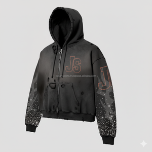 Sudadera con cremallera para mujer 320 GSM algodón polar Vintage lavado llama manga Rhinestone logotipo personalizado Puff estampado básico sudaderas con capucha - Product Image 4