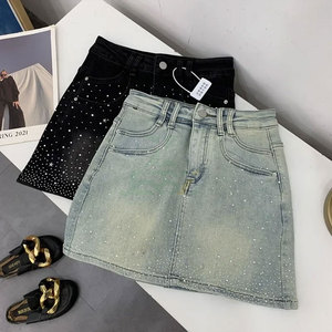 Jupe en jean vintage unie à taille naturelle, coupe droite mi-mollet, avec poches et strass, respirante et séchage rapide, pour femme, été - Product Image 3