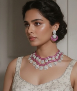 Ensemble collier ras de cou en diamant rose royale, composé de pierres roses et blanches de qualité supérieure, fabriqué à la main par des artisans expérimentés - Product Image 4