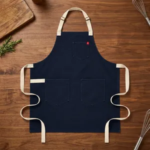 Delantal Clásico Azul Marino Resistente y Reutilizable con Tres Bolsillos, Delantal de Cocina de Lona Lavable a Máquina - Product Image 1