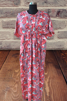 Kaftan pour femmes en coton pur à imprimé floral, col en V, manches courtes, longueur intégrale, confortable et élégant, pour les festivals d'été, vêtements de nuit imprimés