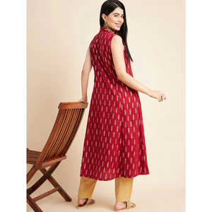 Kurta décontractée pour femme, coupe trapèze, sans manches, imprimé floral, en coton bordeaux, taille unique, taille naturelle, respirante, design ODM pour le quotidien - Product Image 6