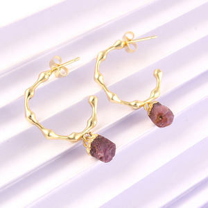 Wholesale Fashion Minimalist Birthstone Hoop Stud <b>Earrings</b> Uncut Raw Tourmaline Gold Gold Electroplated <b>Drop</b> <b>Earrings</b> for Women - Product Image 4