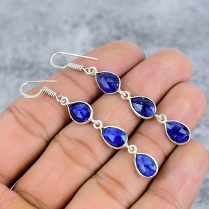 Pendientes de Plata de Ley 925 con Gema de Zafiro Azul Teñido de Moda, Novedad, para Mujer, para Bodas y Fiestas - Product Image 1