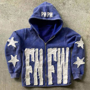 Custom <b>Cropped</b> Vintage Heavyweight Distressed Patch Applique Embroidery <b>Zip</b> <b>up</b> <b>Hoodie</b> Men - Product Image 2