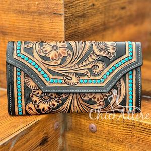 Nouvelle pochette pour femme en cuir taillé occidental Offre Spéciale portefeuille en cuir turquoise et noir organisateur de haute qualité transporter tout le portefeuille - Product Image 1