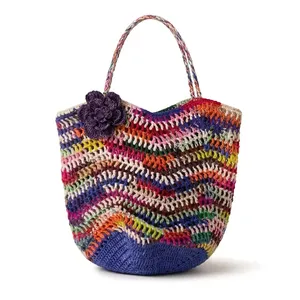Sac à main en raphia fait main au crochet, motif zigzag coloré, sac fourre-tout en fil avec accent floral pour le bureau, les loisirs et les voyages - Product Image 2