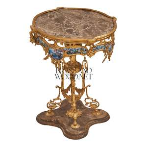 Mesa Auxiliar Redonda de Lujo con Tapa de Mármol Marrón, Pedestal de Latón Dorado Fundido a Mano e Incrustaciones de Porcelana para Decoración de Esquinas de Palacios - Product Image 4