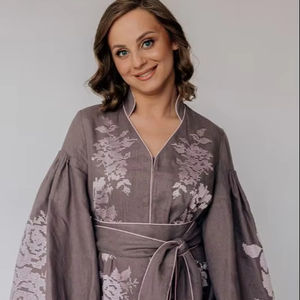 Robe ukrainienne Kaftan robe grise florale robe en lin vyshyvanka brodée ukrainienne 2025 meilleur prix toujours et meilleur en couleur - Product Image 1