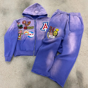 Clothing Manufacturers Custom Washed Vintage Heavyweight <b>Rips</b> Screen Print Logo Hoodie Jogger Set <b>Legging</b> Tracksuits for Men - Product Image 5