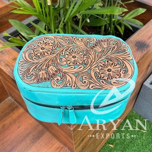 กล่องเก็บเครื่องสำอางหนังสีเทอร์ควอยซ์กล่องจัดระเบียบในห้องน้ำกล่องจัดระเบียบเครื่องสำอางทำมือมีสไตล์ - Product Image 1